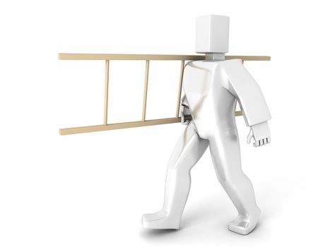 3D Man carry ladder illustration isolated on white.
