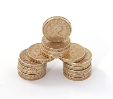 British, UK, pound coins on a plain white background.