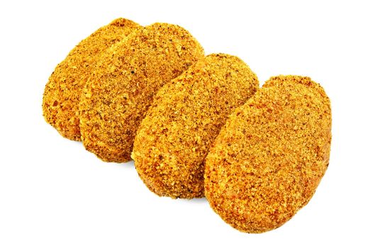 Four frozen chicken cutlets breaded in bread isolated on white background