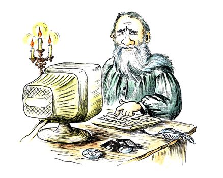 Comic water-colour drawing: the ancient writer behind the computer