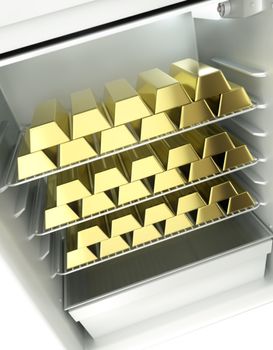 Gold bars in the fridge. 3D rendered illustration.