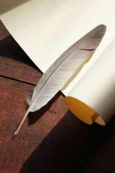 Vintage still life with blank scroll and quill on wooden surface