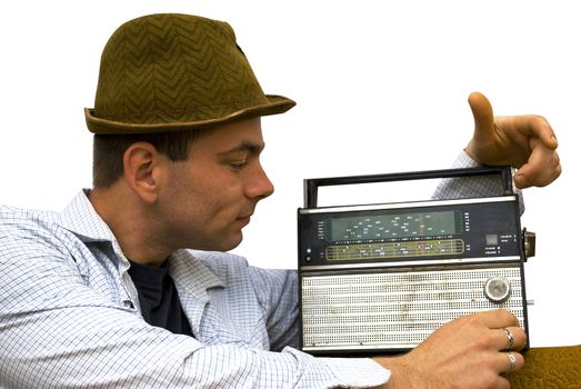 retro man listening to old radio isolated on white