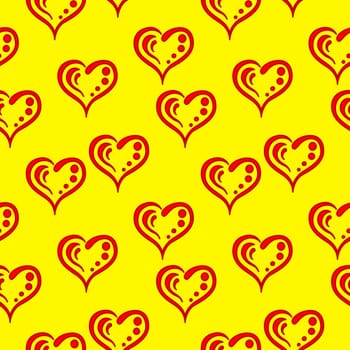 Abstract seamless background, symbolical red hearts on yellow, pictograms