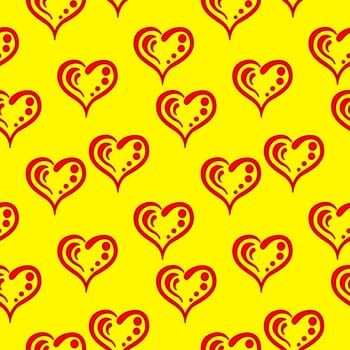 Abstract seamless background, symbolical red hearts on yellow, pictograms