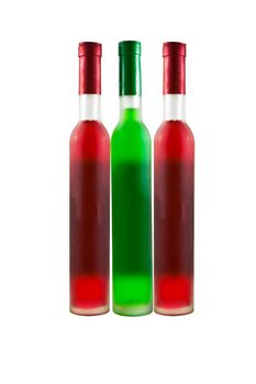 Green and Red wine bottles isolated on white.