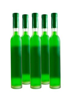 Green wine bottles in row isolated on white.