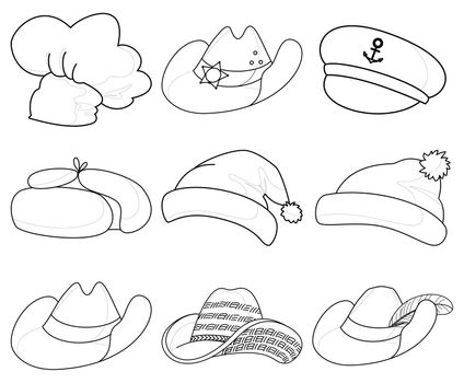 set contours of various hats: Santa Claus, cook, sheriff, musketeer, captain and others