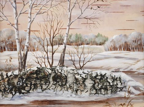 Drawing distemper on a birch bark: winter siberian landscape