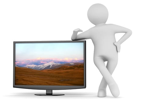 TV and man on white background. Isolated 3D image