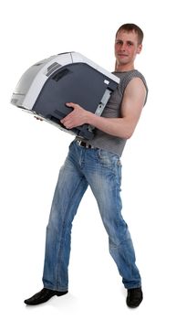 young man with a printer in the hands of Isolated on white background