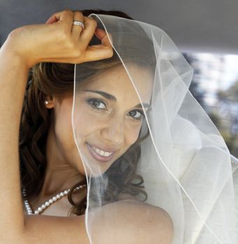 The beautiful bride is closed by a veil