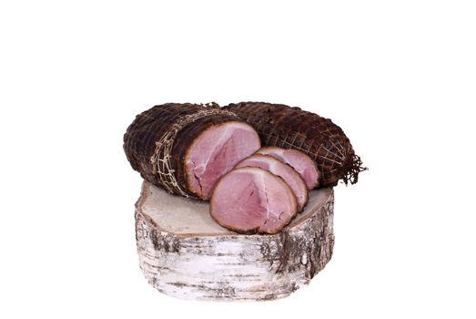 ham lying on birch stump isolated on white background