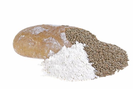 poured out grain and flour from bread isolated on white

