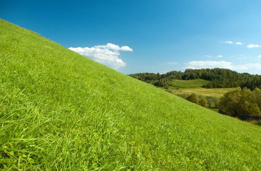 Year landscape,green hill,emerald herb, blue sky