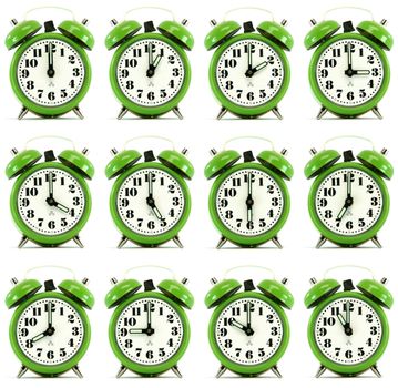 classic small alarm clock twelve hours isolated on white background multiple image 