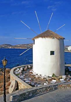 A converted windmill on the greek island of Mykonos made into a bar