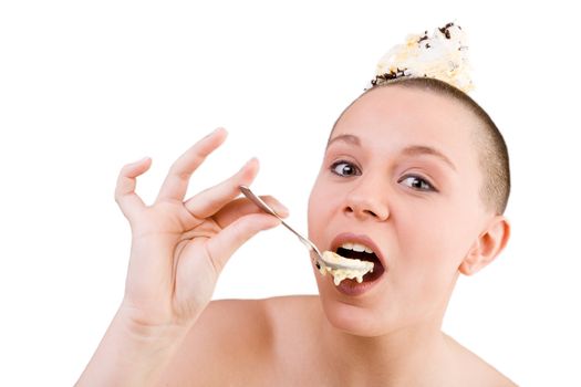 Young goodlooking woman with a ice cream on her head