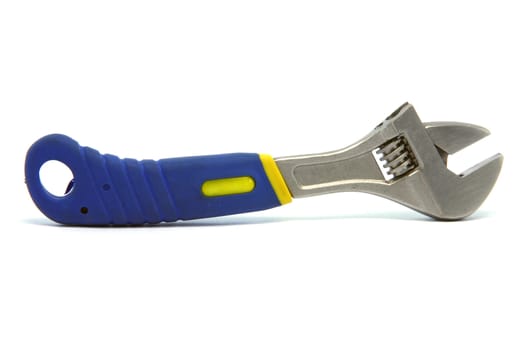wrench with blue rubber handle  isolated on white background industrial tools