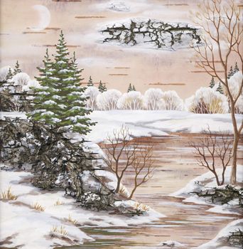 Drawing distemper on a birch bark: Winter landscape with river