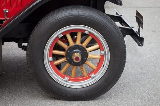 Old vintage fire engine. Wooden wheel detail 