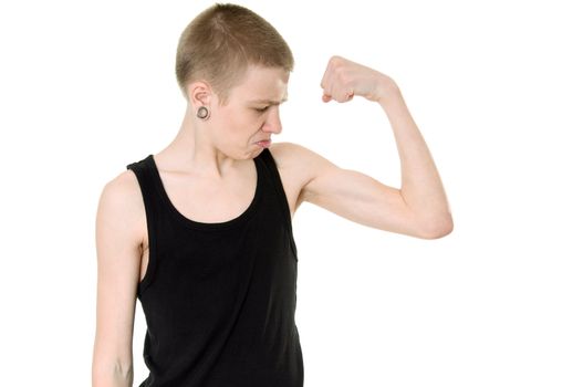 funny skinny teen shows biceps