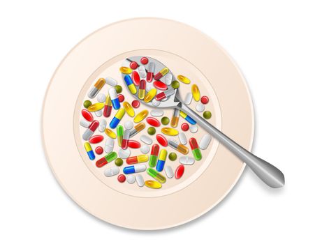 plate and spoon full of various pills illustration