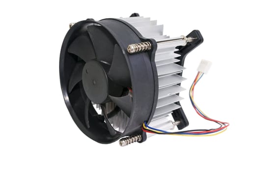 The cooling fan with heatsink computer processor, close-up, white background.