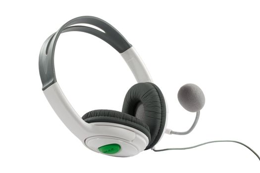Headphones with microphone, close-up isolated on a white background.