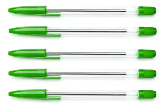 Five green writing pens arranged horizontally over white