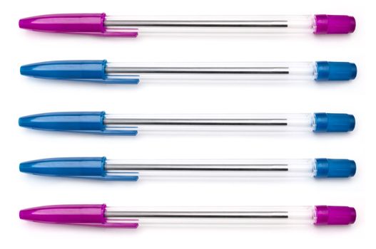 A selection of five blue and pink writing pens arranged horizontally over white