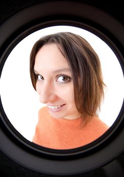 woman looking through the peephole