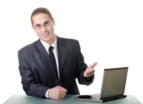 Businessman gesturing with emotions on a white background