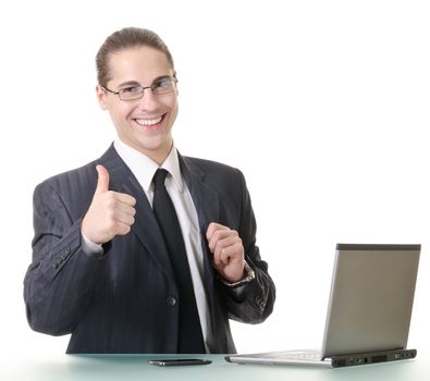 Businessman gesturing with emotions on a white background