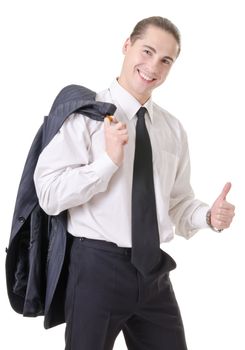 Businessman gesturing with emotions on a white background