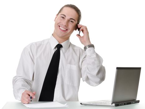 Businessman gesturing with emotions on a white background