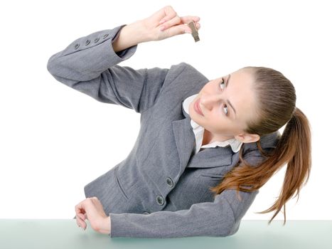 office manager, a woman closely examining USB flash drive