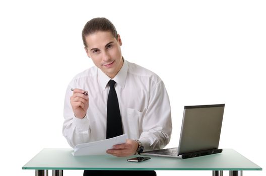 Businessman gesturing with emotions on a white background