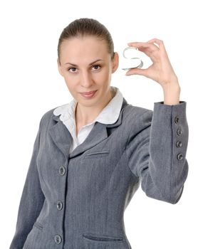 business woman holding a currency on a white background