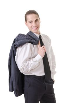 Businessman gesturing with emotions on a white background