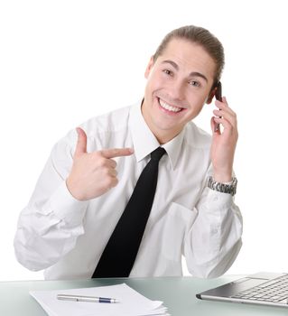 Businessman gesturing with emotions on a white background