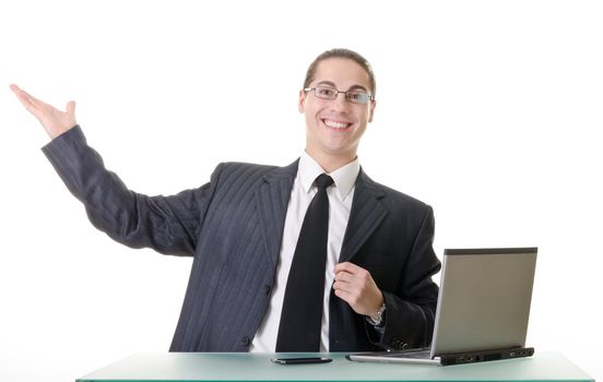 Businessman gesturing with emotions on a white background