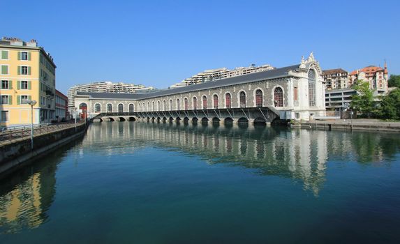 Famous batiment des Forces-Motrices on the Rhone river, Geneva, Switzerland