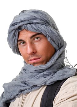 young man - tourist with backpack on a white background