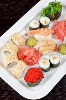 view of closeup japanese sushi set at plate