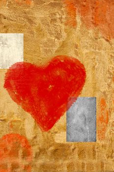 Artistic red heart with squares on rough wall.