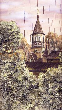 Handmade, drawing distemper on a birch bark: wooden church