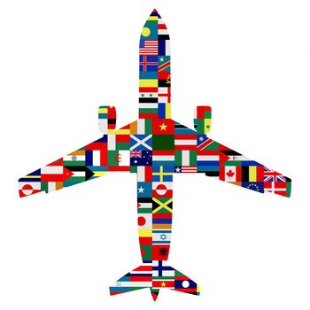 Silhouette of a passenger aeroplane with world flags as the texture