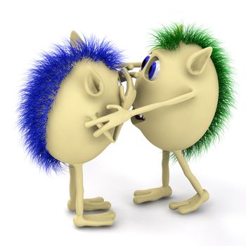 3d two character puppets hug on white background