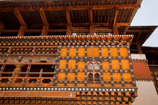 Traditional decorations on the Paro (Rinpung) Dzong in Bhutan